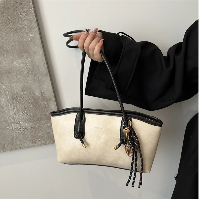 European American Retro Tote Bag, Korean Fashion Shoulder Bags Advanced Simple Handbag New Large Capacity Pendant Versatile Bags - Image 2